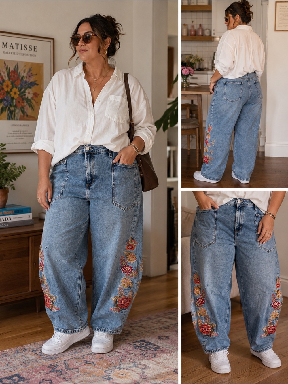 Suko Floral Embroidered Barrel Jeans Oversized Baggy Size 12 (14) Stretchy Boho